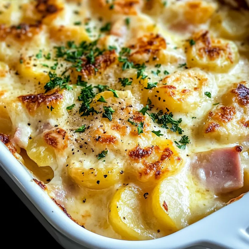 Ein Auflauf mit Kartoffeln und Schinken.