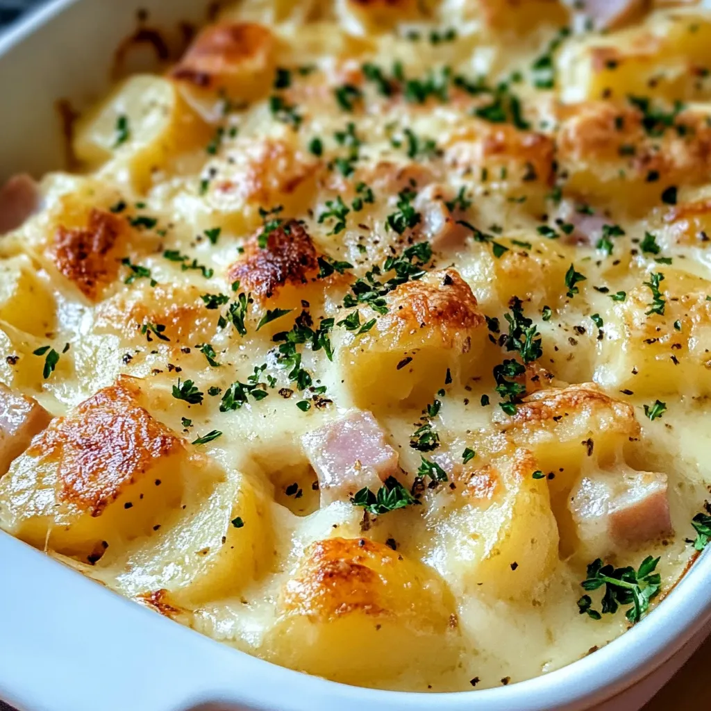 Eine Auflaufform mit Kartoffeln und Schinken.