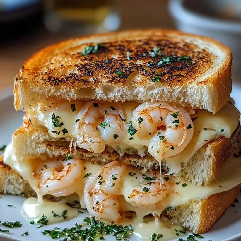 Ein Sandwich mit Garnelen und Knoblauch, goldbraun gebraten.