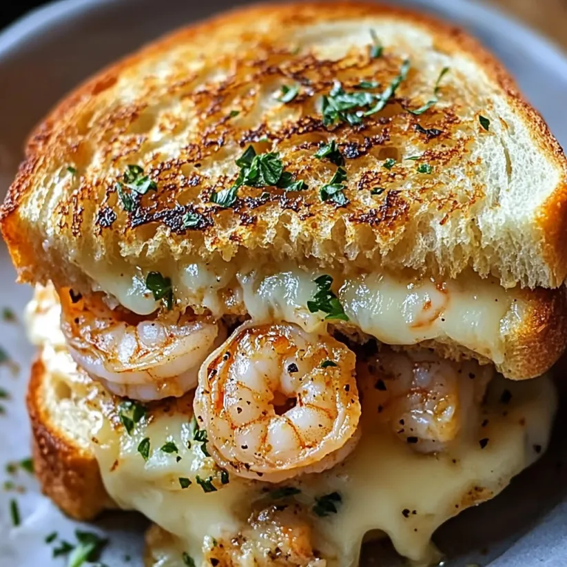 Ein Sandwich mit viel Käse und Garnelen.