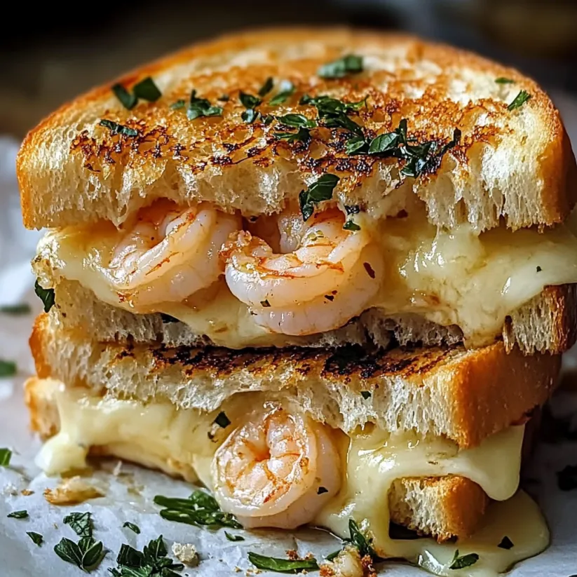 Ein überbackenes Sandwich mit Garnelen und Knoblauch.