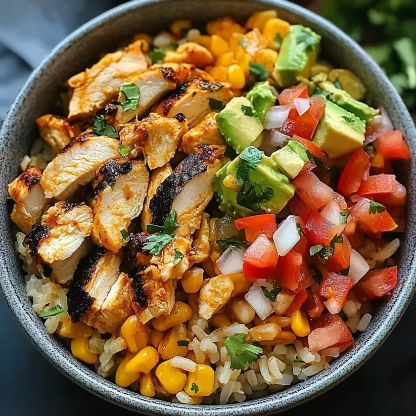 Eine Schale mit Hähnchen, Reis und Avocado.