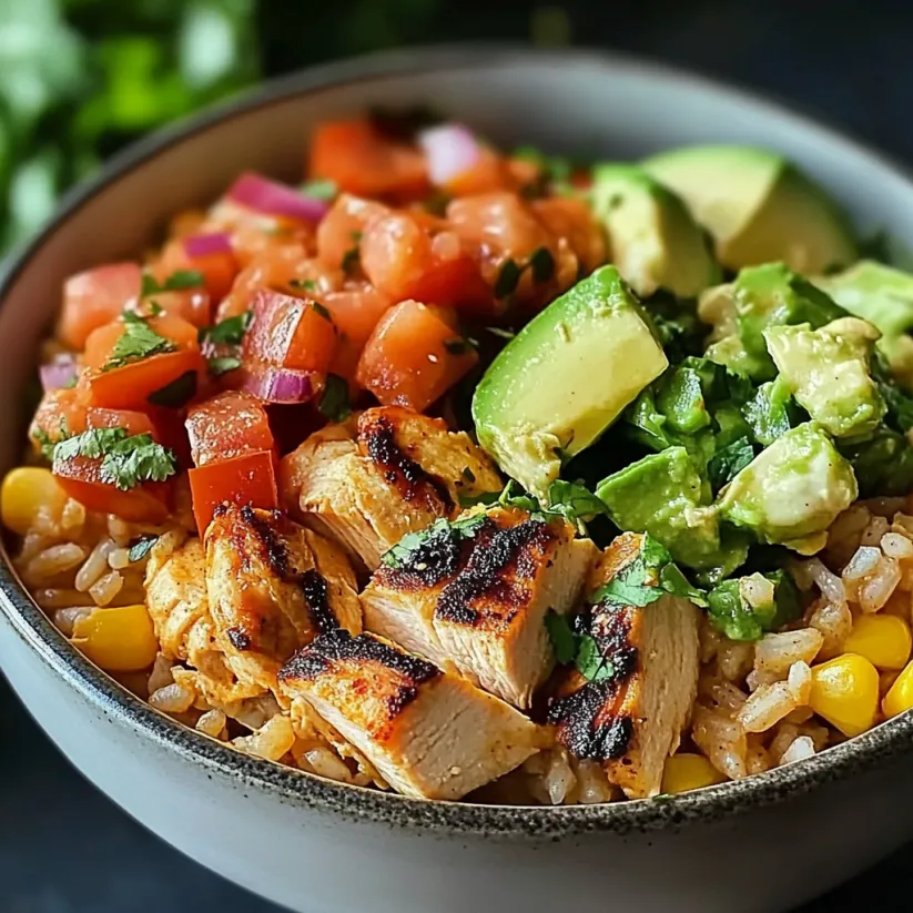 Schale mit Reis, Hähnchen, Avocado und Tomate.