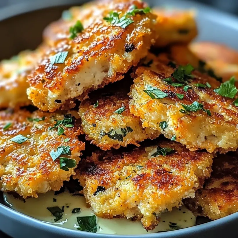 Eine Schüssel voll knuspriger Hähnchen-Taler mit Ranch-Dip.