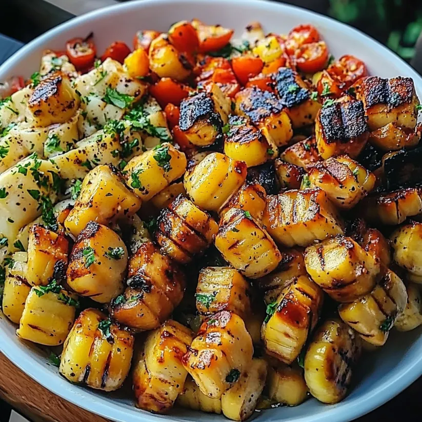 Eine Schale mit Maiskolben, Tomaten und Kartoffeln.
