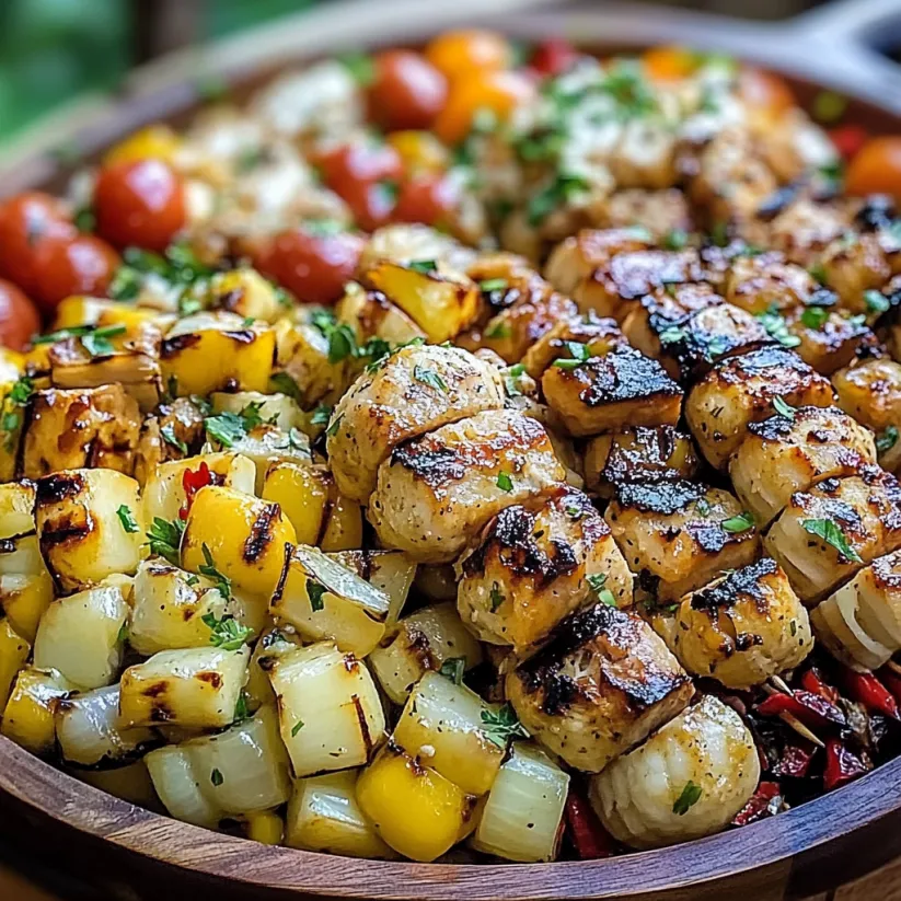 In einer Holzschale liegen verschiedene gegrillte Leckereien wie Mais, Tomaten und Hähnchen.
