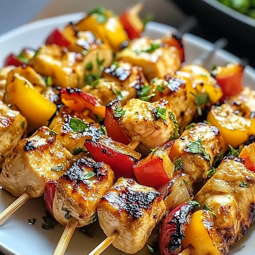 Ein Teller mit Hähnchenspießen, Paprika und Zwiebeln.