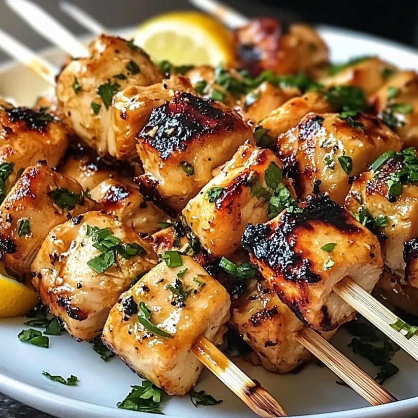 Ein Teller mit Chicken-Spießen und Limettenstücken daneben.