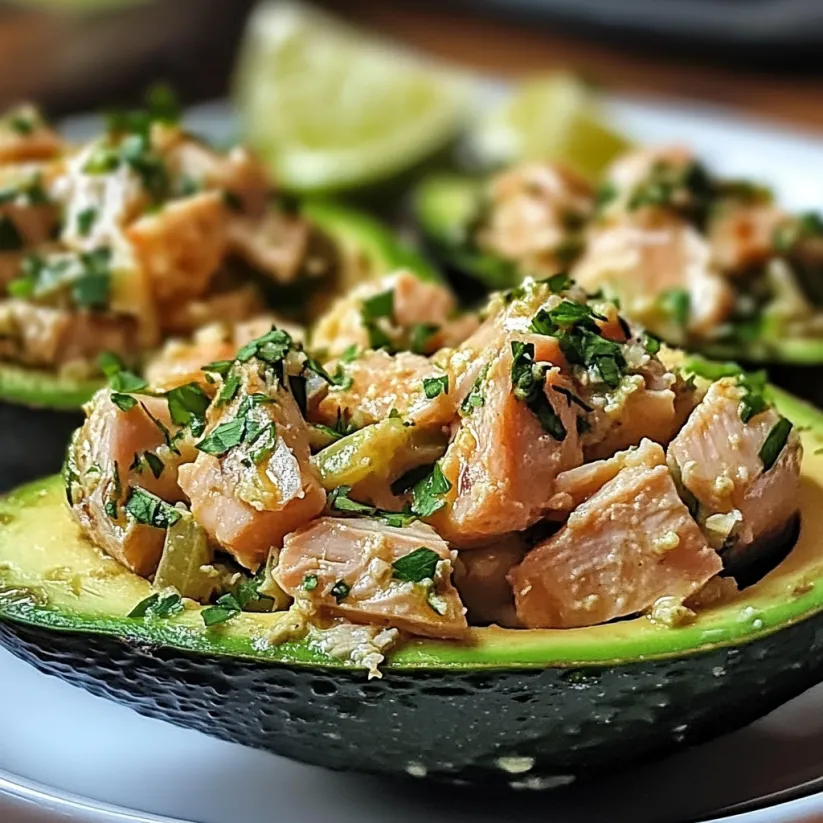 Thunfischsalat in einer Avocado angerichtet.