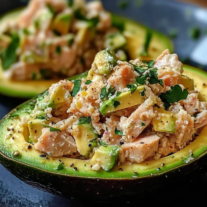 Avocadohälfte randvoll mit Thunfischsalat, ganz nah fotografiert.