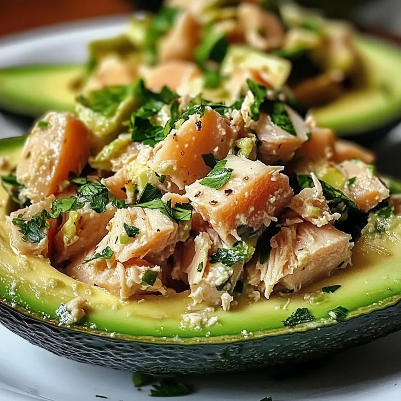 Eine Avocadohälfte, gefüllt mit Thunfischsalat.