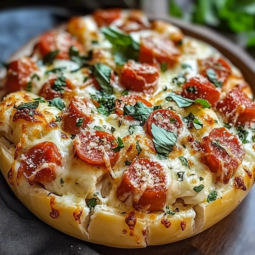 Eine Pizza mit Käse und Tomaten.