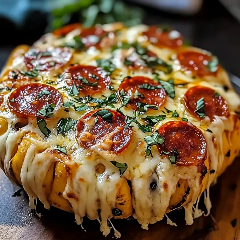 Eine Pizza mit Salami und Käse liegt auf einem Holztisch.