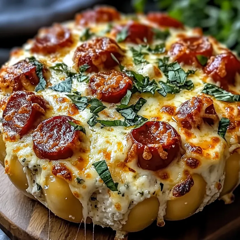 Pizza mit geschmolzenem Käse und Salami – ganz einfach aus dem Ofen.