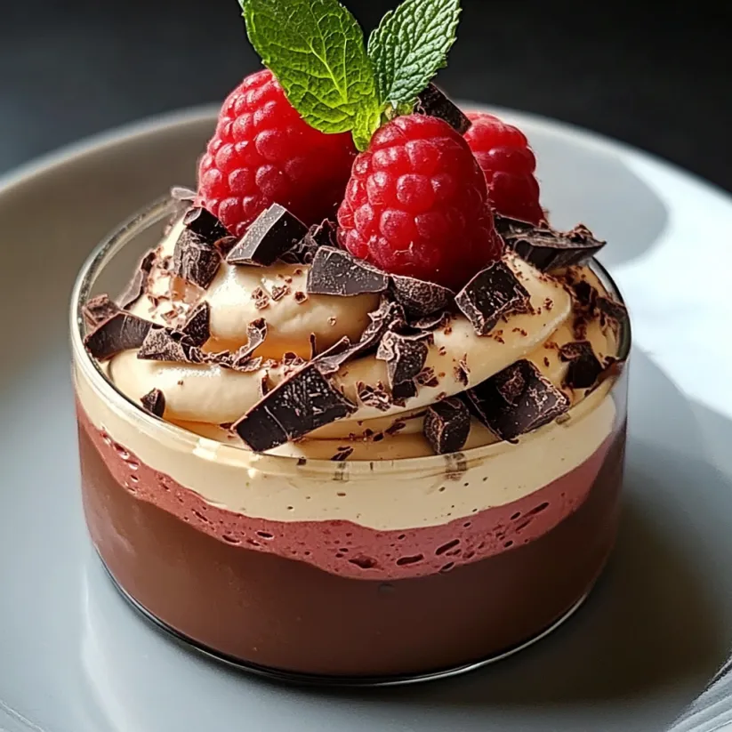 Ein Schokoladendessert mit Himbeeren obendrauf.
