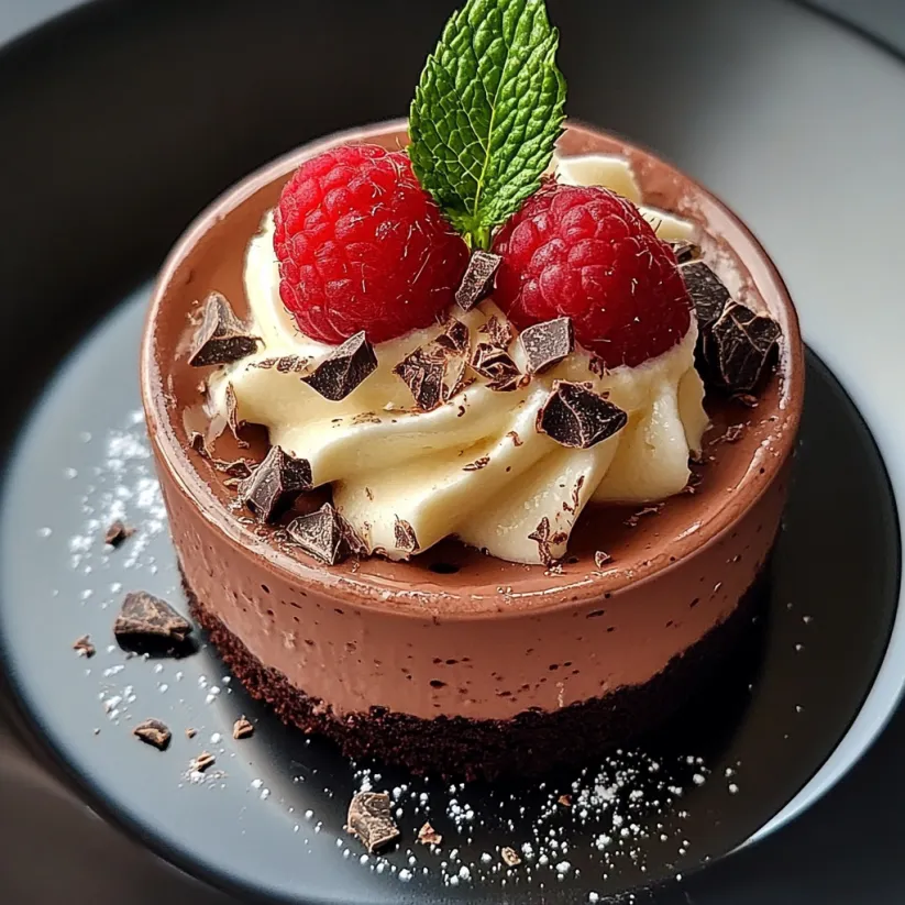 Ein Schokoladendessert mit Himbeeren obendrauf.
