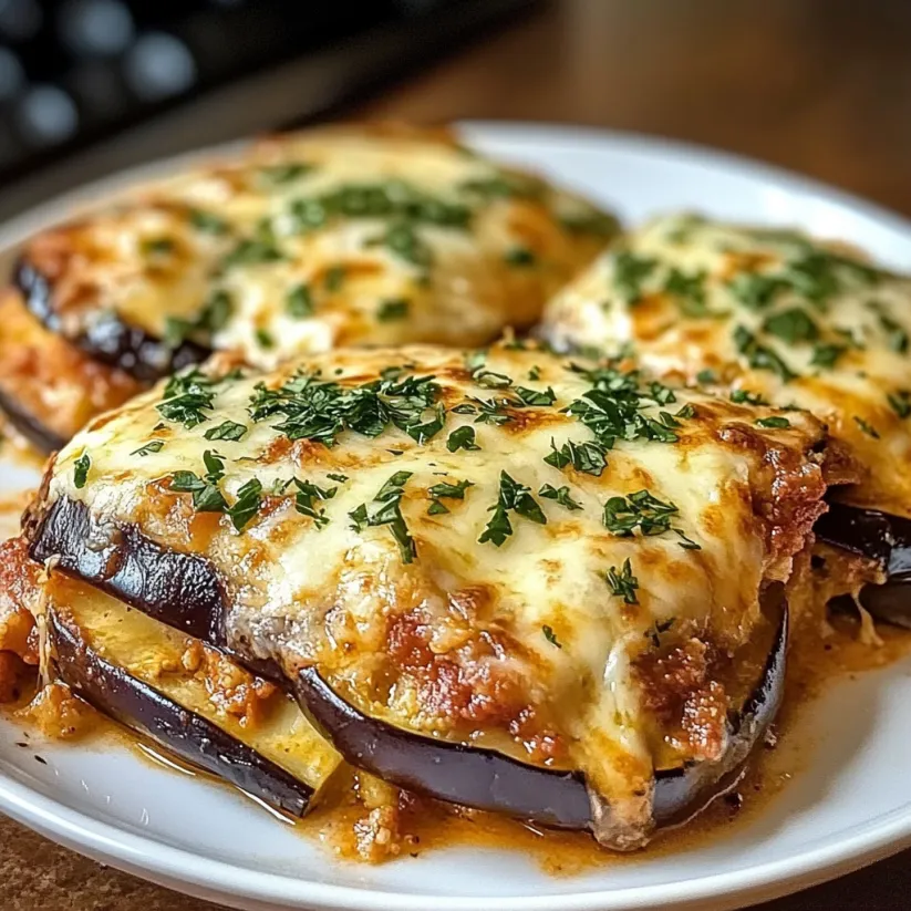 Ein Teller mit Auberginen-Lasagne.