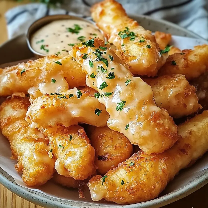 Ein Teller mit knusprigem Frittiertem und Dip.