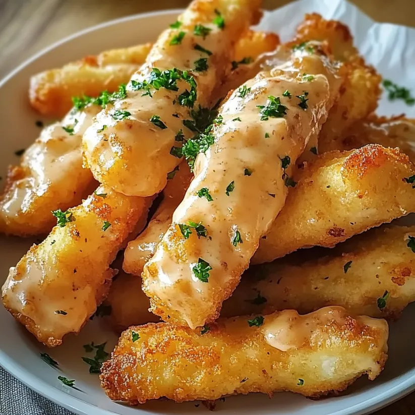 Ein Teller mit knusprigem Frittiertem und Dip.