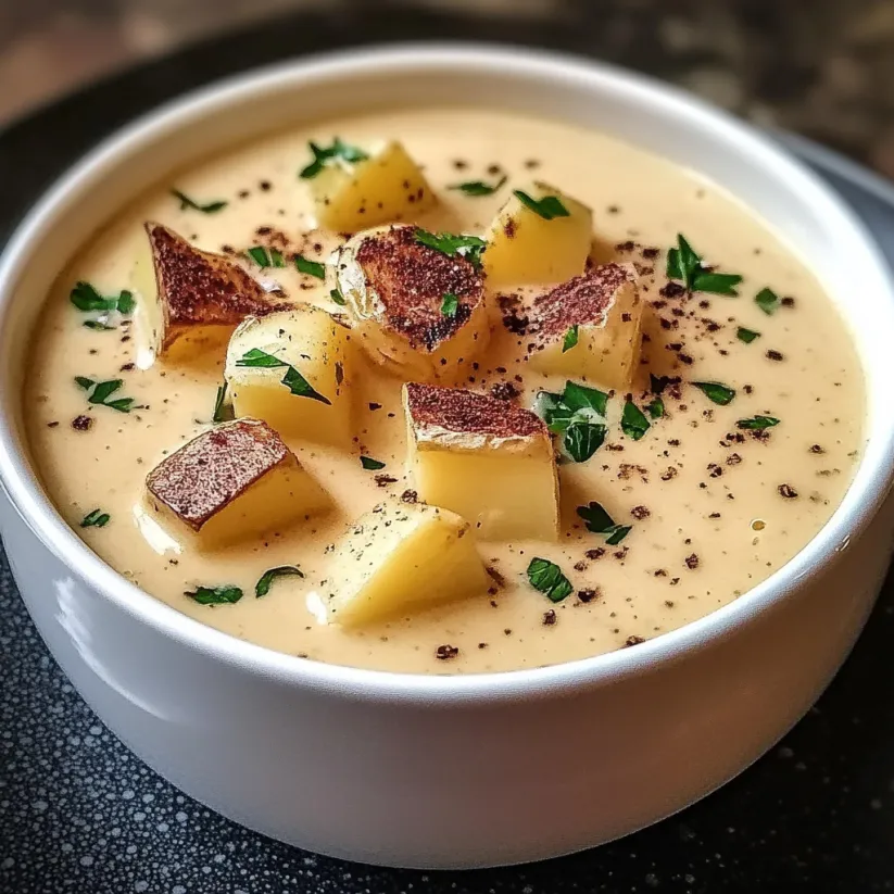 Eine Schale Suppe mit Kartoffeln und Kräutern.
