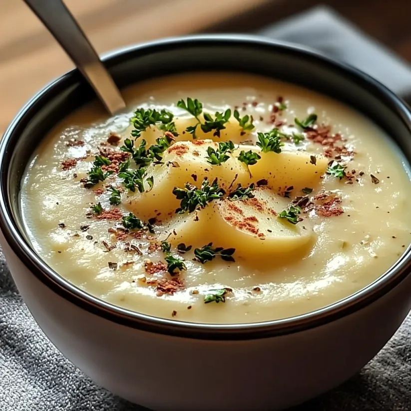 Eine Schale Suppe mit Löffel.