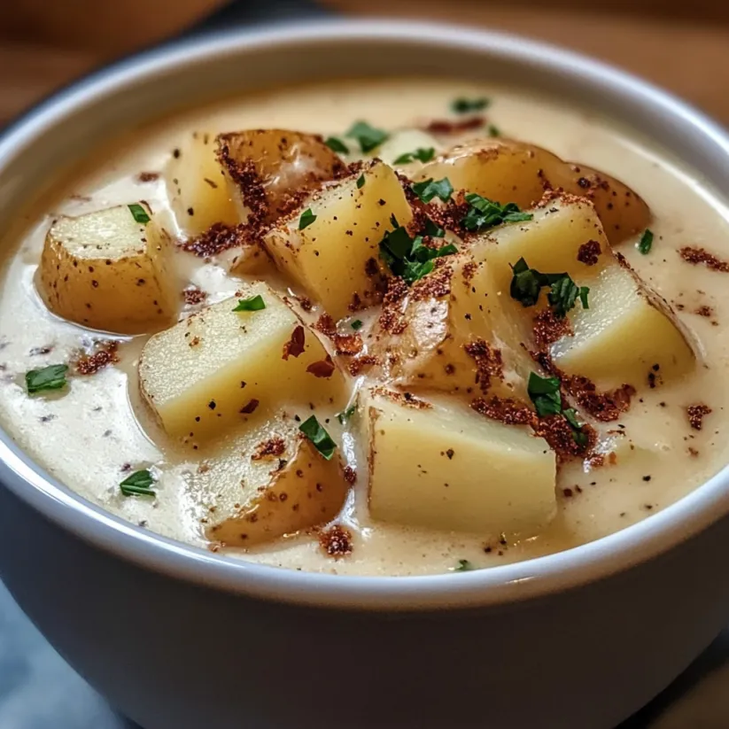 Eine Schale voll Kartoffelsuppe mit Kräutern.
