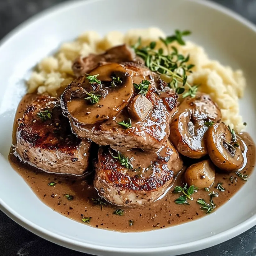 Ein Teller Schweinekoteletts Marsala mit Pilzen und Kartoffeln.