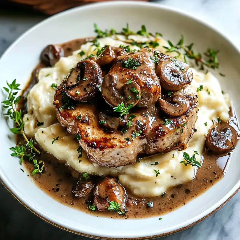 Ein Teller Schweine-Marsala mit Pilzen und Kartoffeln.