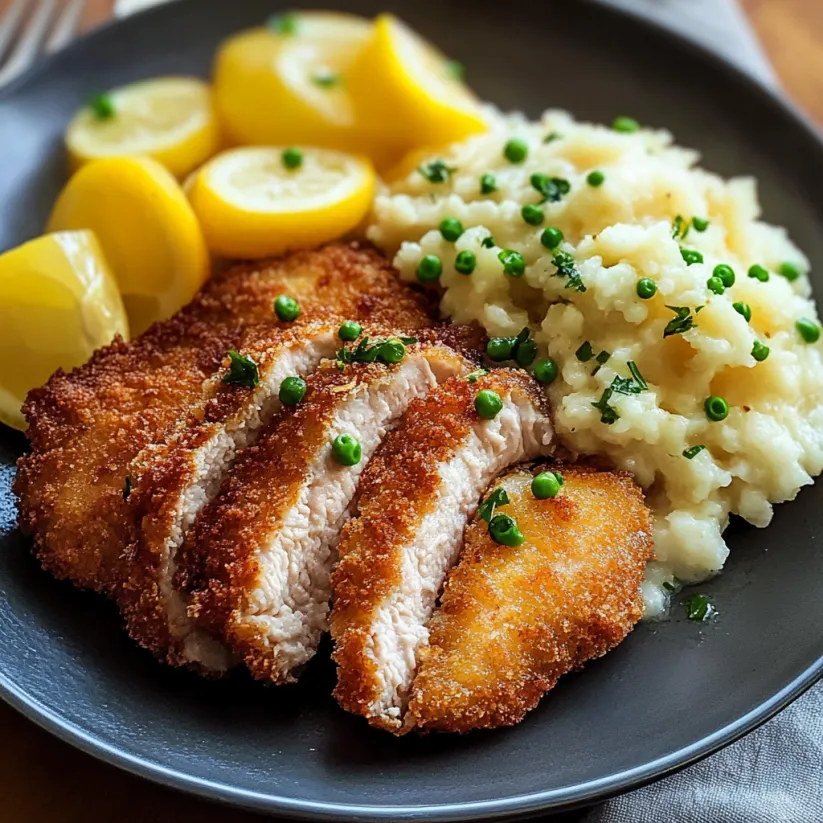 Ein Teller mit Schnitzel und Kartoffeln darauf.