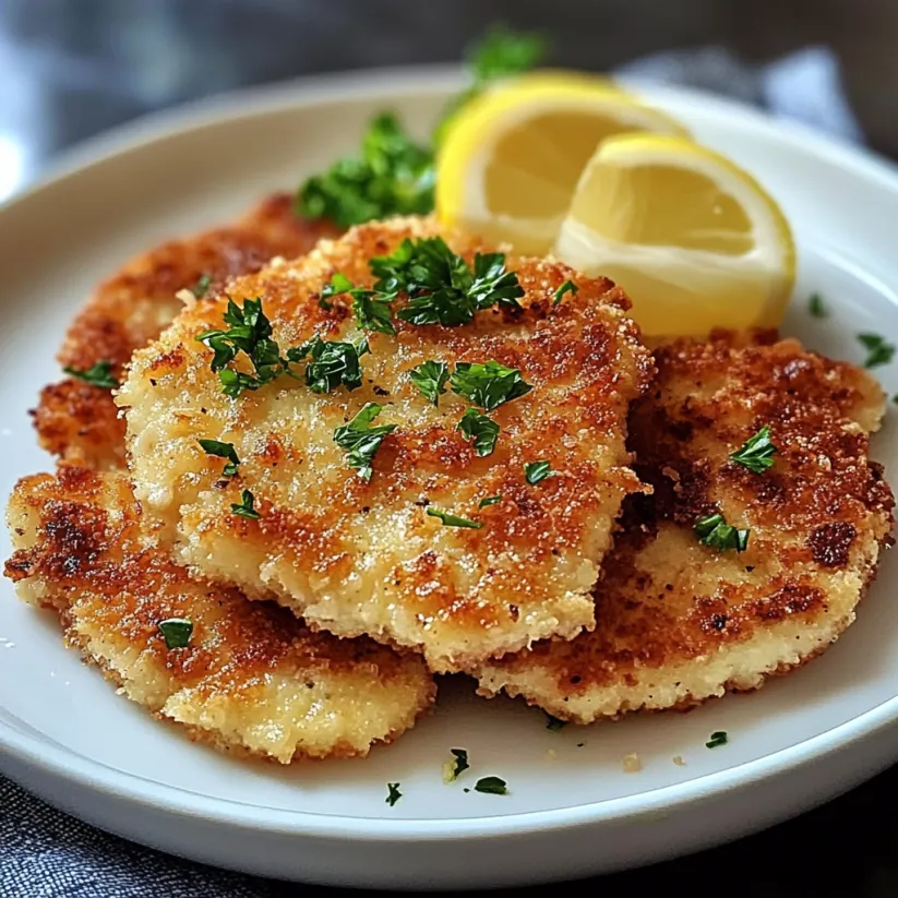 Ein Teller knuspriges Schweineschnitzel, daneben eine Zitronenspalte.