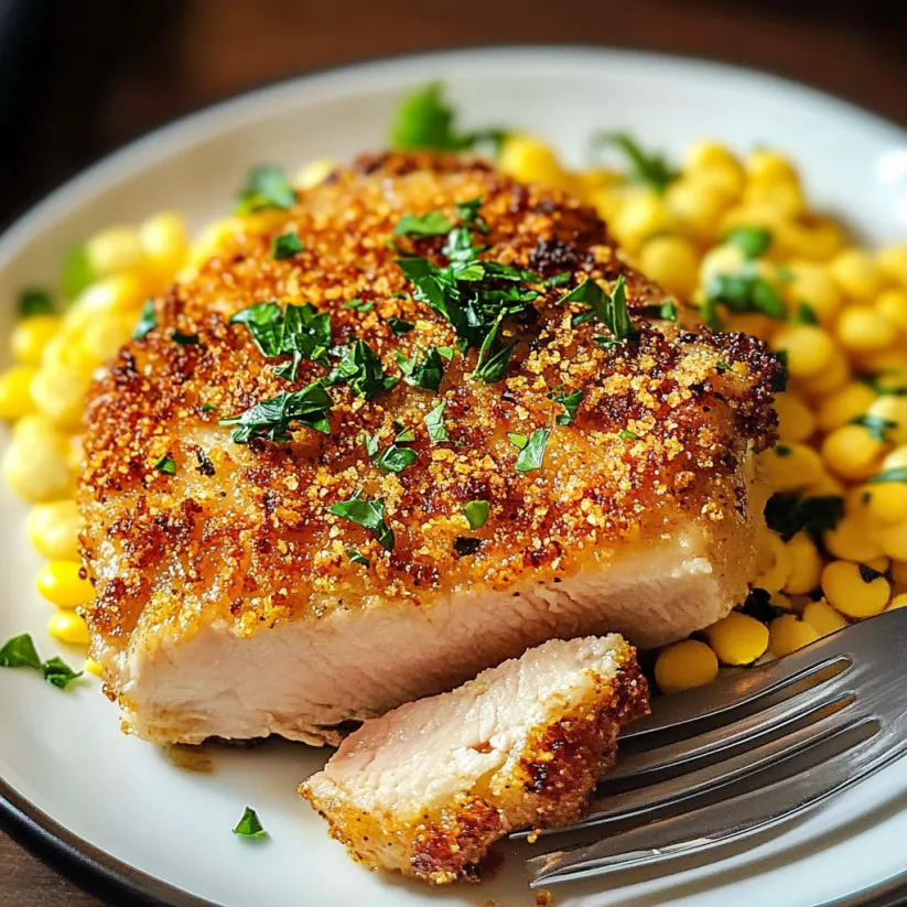 Ein Teller mit Schweinekoteletts und frischen Kräutern.