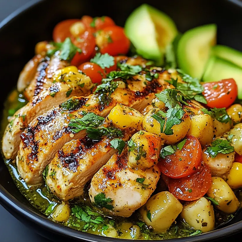 Eine Schale mit gegrilltem Salsa Verde Pepper Jack Hähnchen.