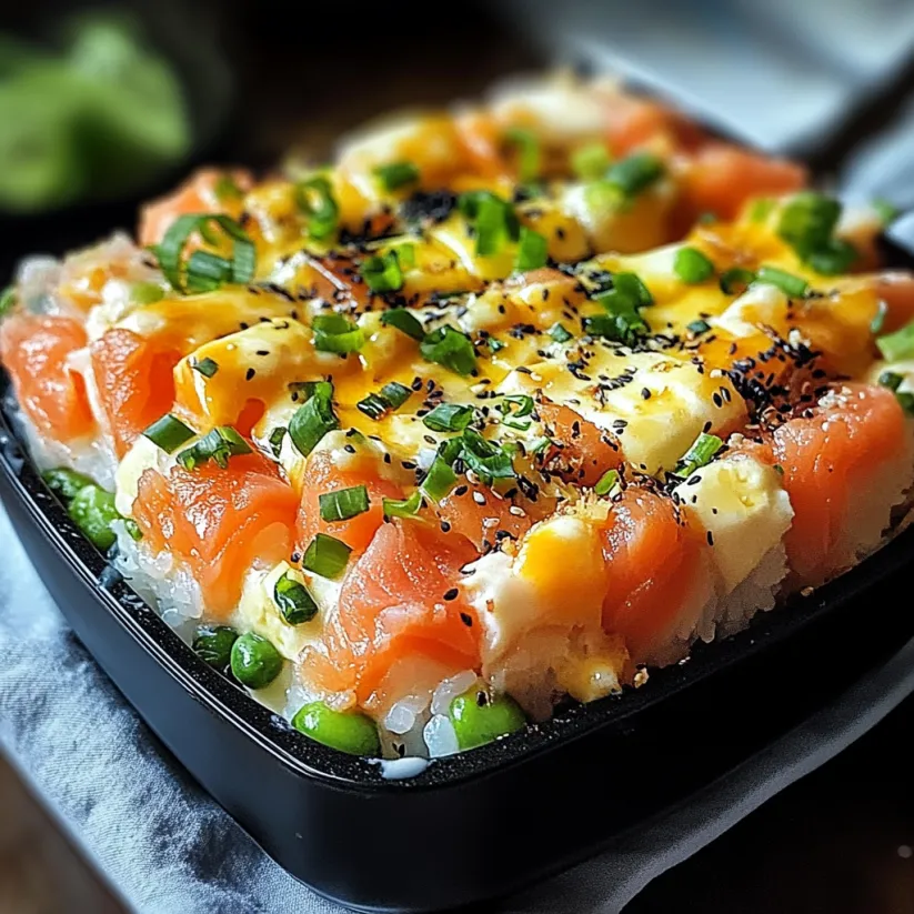 Ein Sushi Bake mit Reis, Fisch und Gemüse.