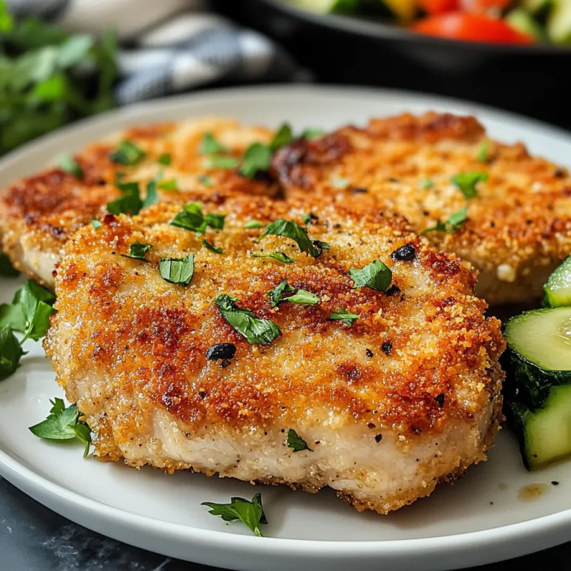 Ein Teller mit Koteletts in Parmesankruste.