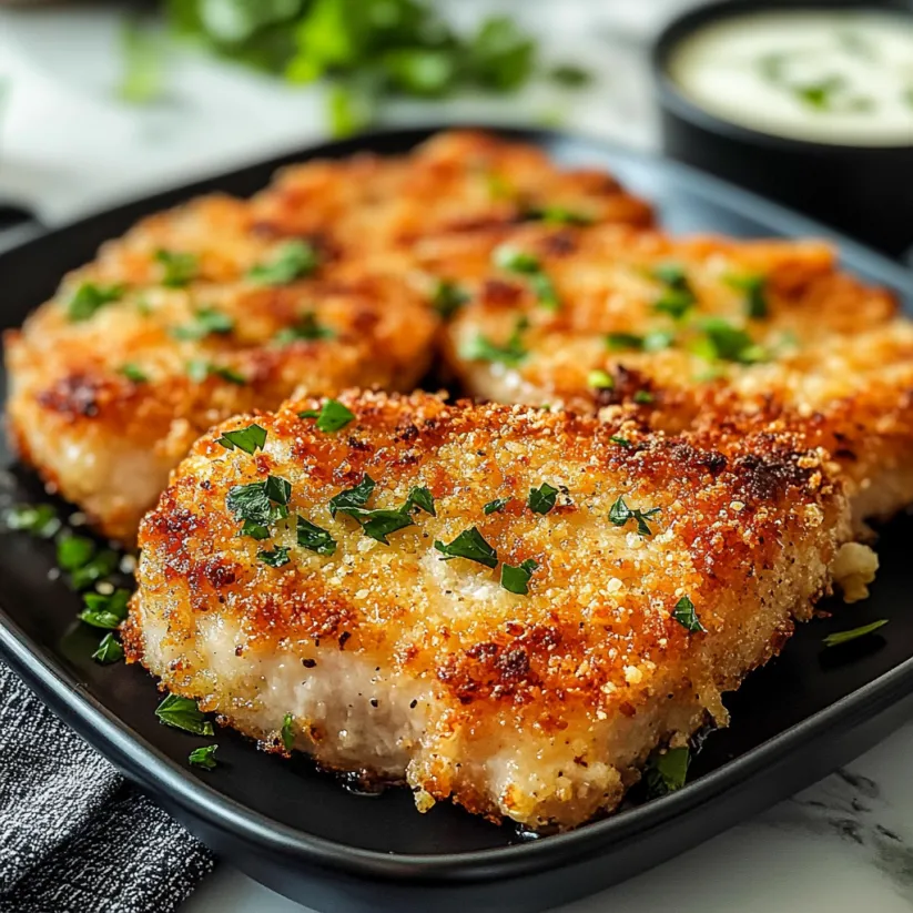 Ein Teller mit Parmesankoteletts.