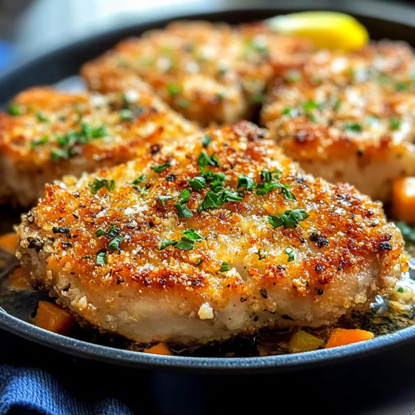 Eine Pfanne mit panierten Koteletts in Parmesan-Kruste.
