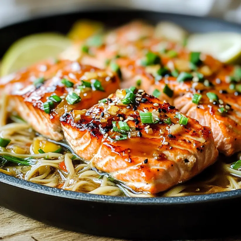 Eine Lachs-Pfanne mit Frühlingszwiebeln und Zitrone.