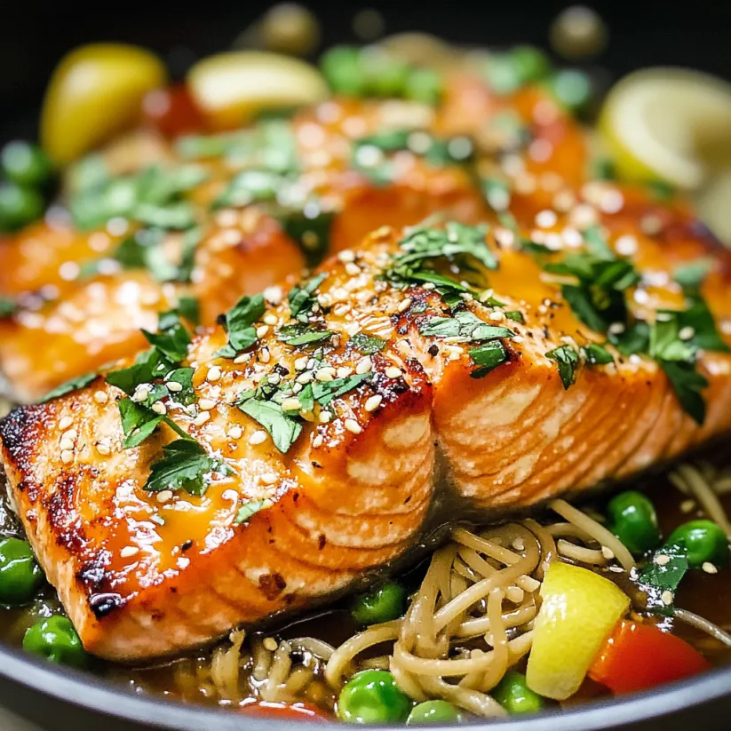 Nahaufnahme von Lachs mit Kräutern und Soße.