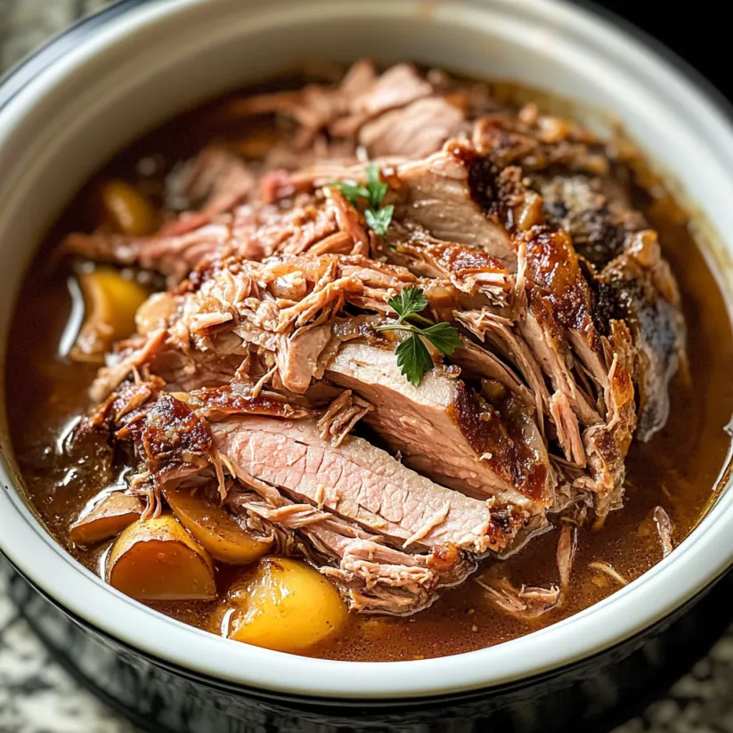 Nahaufnahme eines langsam geschmorten Schweinebratens im Slow Cooker.
