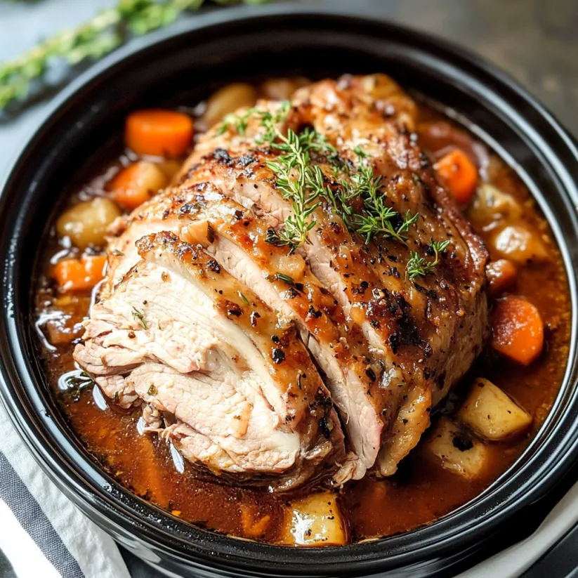 Ein langsam geschmorter Schweinebraten mit Karotten und Kräutern.