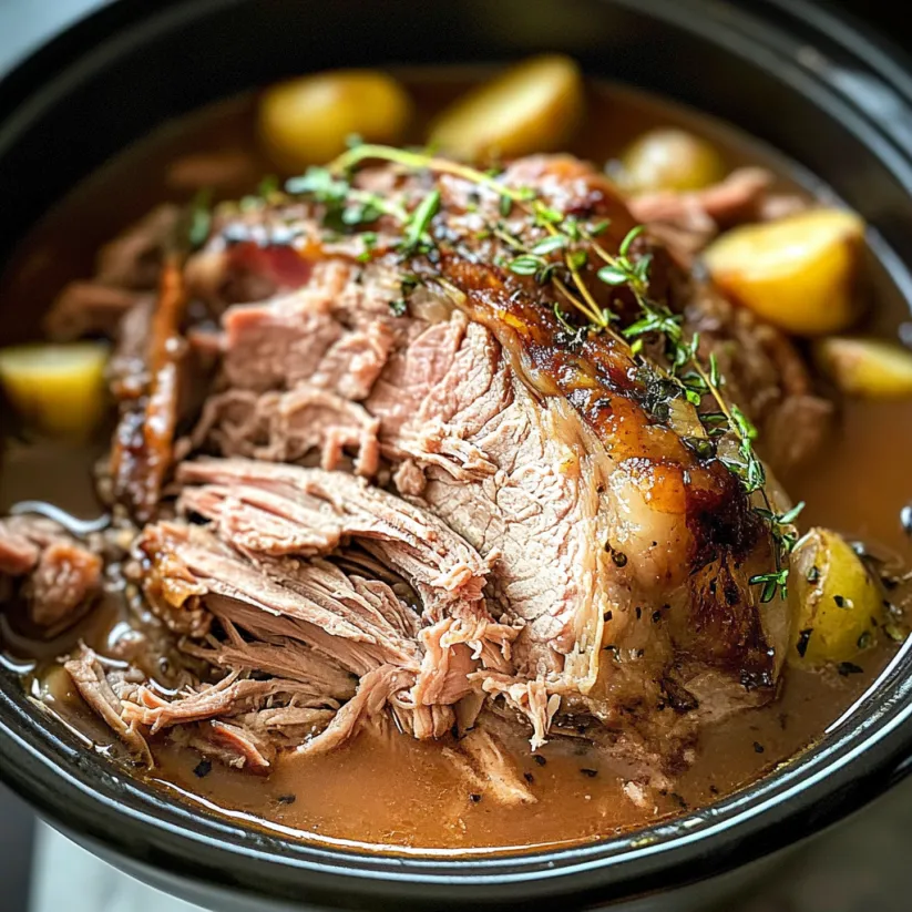 Nahaufnahme von einem Schmorbraten aus dem Slowcooker.