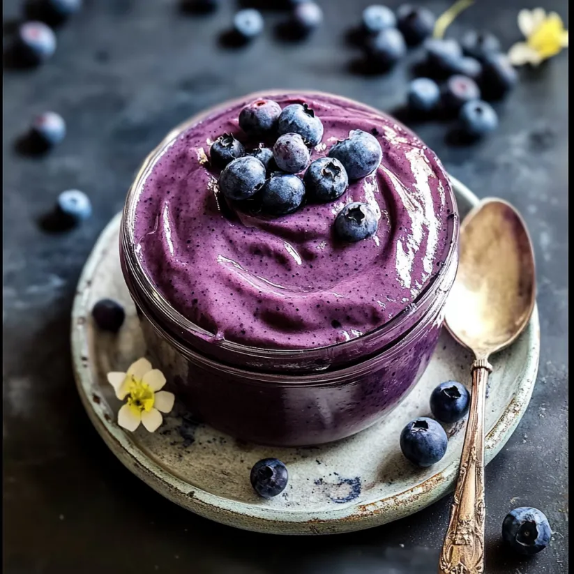 Ein Glas mit Blaubeeren-Curd und einem Löffel drin.