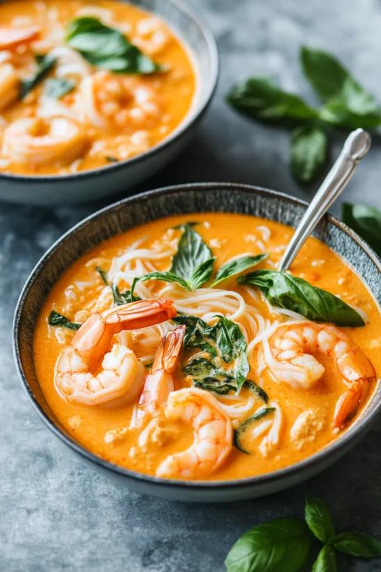 Eine Schale Suppe mit Garnelen und Spinat.