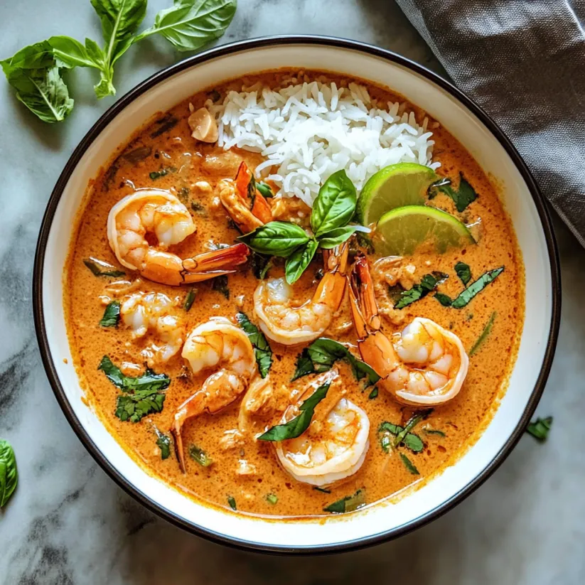 Eine Schüssel Garnelen-Curry mit Reis und Limette.