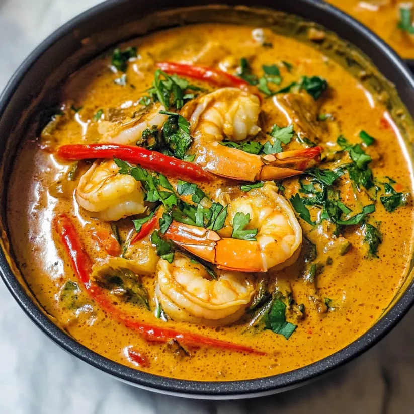 Eine Schale Garnelen Curry mit roten Paprika.