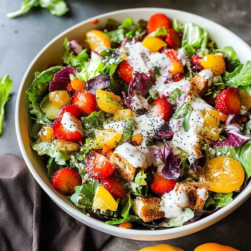 Eine Schüssel Salat mit Zitronen-Mohn-Dressing.