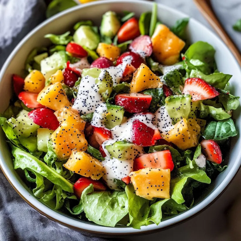 Eine Schüssel mit Salat, Erdbeeren, Ananas und Zitronen-Mohn-Dressing.