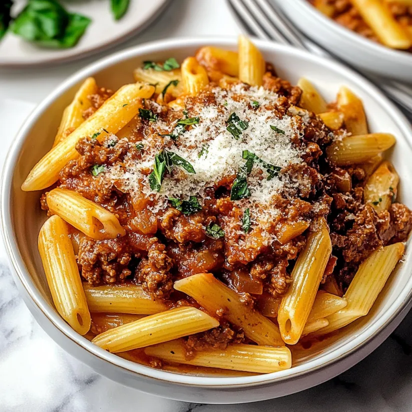 Eine Schale Pasta mit Fleischsauce.