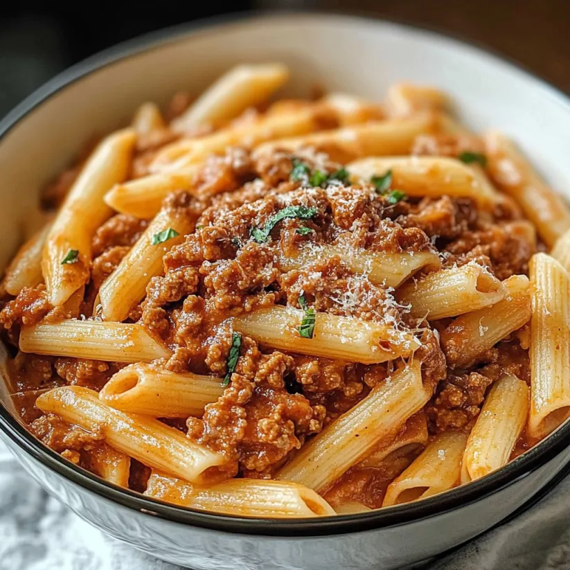 Eine Schale Pasta mit Fleischsauce.