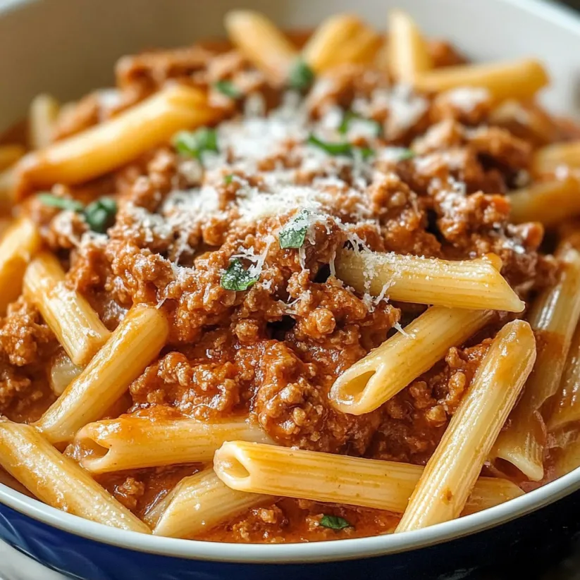 Ein Schälchen Pasta mit Fleischsauce.